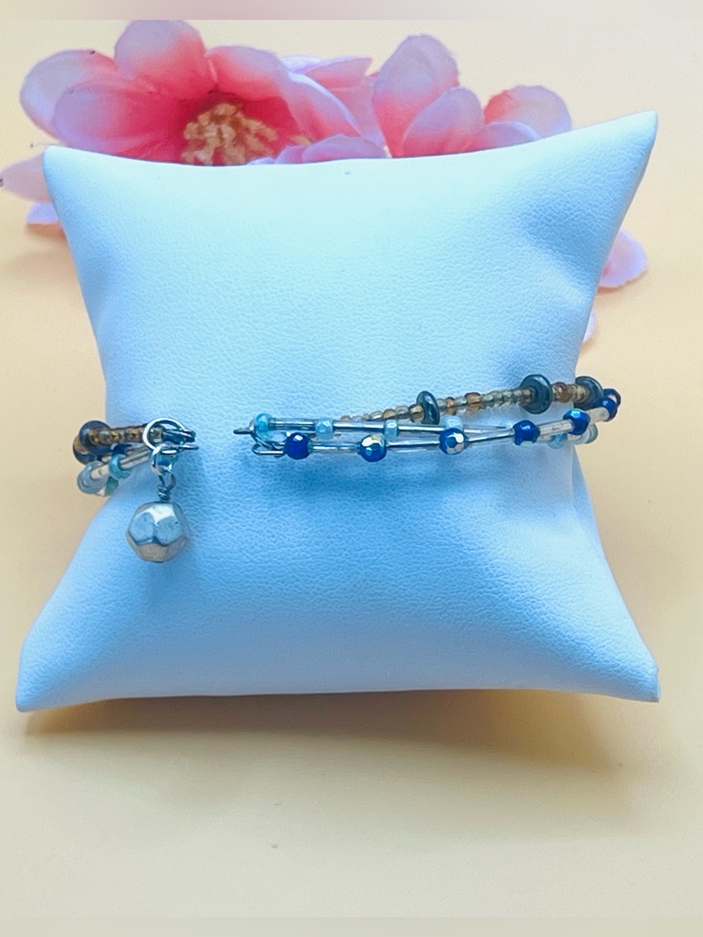 Blue Beaded Wrap Bracelet - adjustable Navy & Light Blue